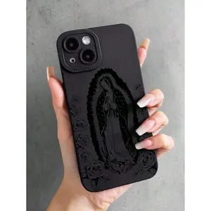 Jesus 1pc Minimalist Rose Virgin Mary Pattern Black Cat Eye Full Coverage Mobile Phone Soft Case Suitable For IPhone17/IPhone17 Air/IPhone17 Pro/IPhone17 Pro Max/16 Pro Max/15 Pro Max/14 Pro Max/13 Pro Max/12 Pro Max/11 Pro Max