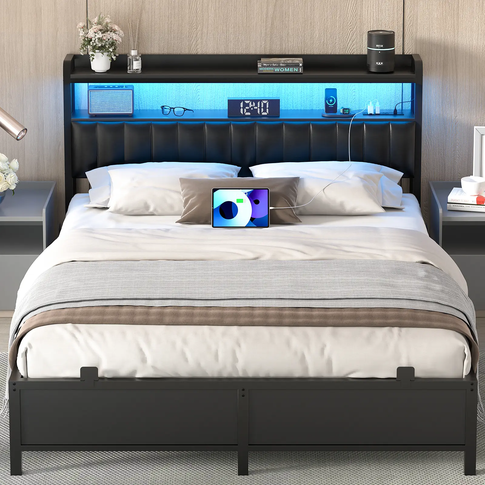 iSunirm Upholstered Platform Bed Frame (Full/Queen/King Sizes) - Solid Metal Slat Support, Adjustable Faux Leather Headboard with LED Lights, Frame Only (No Mattress), Upholstered Platform Bedframe, Queen Bed Frame