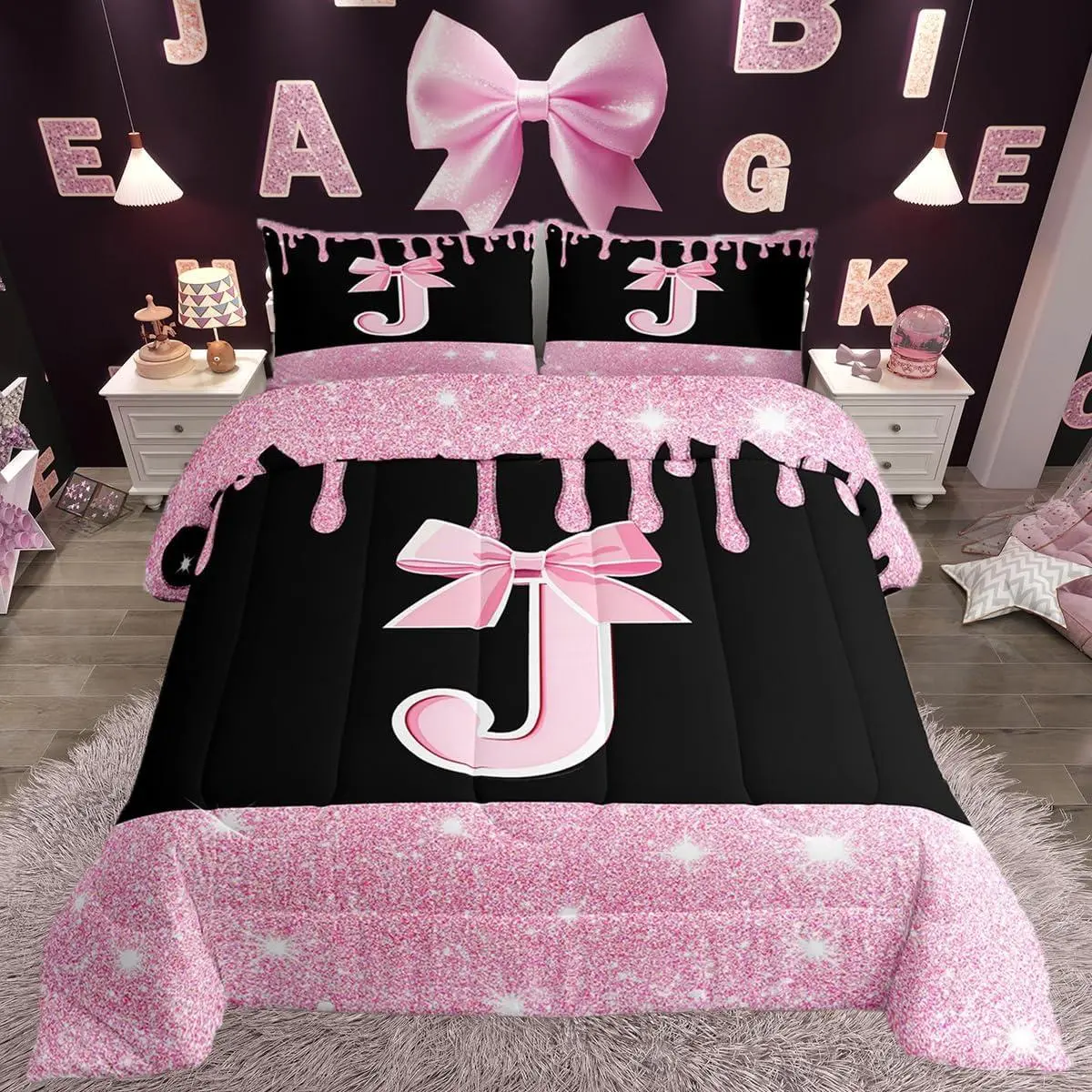 Pink Bow Comforter Set Initials Decor Bedding Set Gifts Women Personalized Letter J Duvet Quilt Monogrammed Glitter Diamond Microfiber