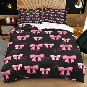 2/3 Bows Print Down Bowknot Quilt Cover Set Including 1 Duvet Cover & 1/2 Pillowcase without Filler, Pattern Bedding Set, No filling & Zipper Closure, Soft Comfortable Durable, Perfect for Bedroom and Guest Room Decor,  All Seasons