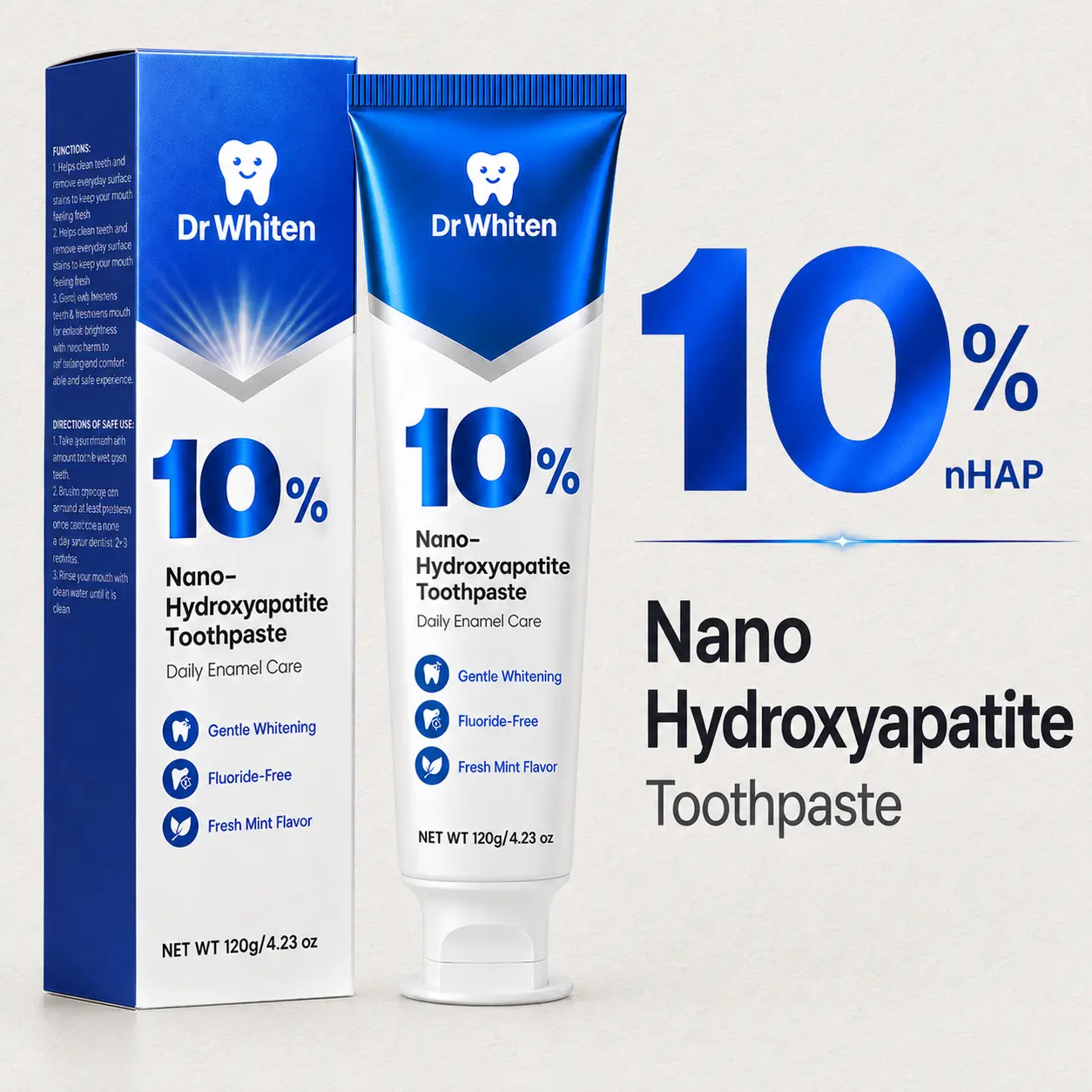 DrWhiten 10% Nano-Hydroxyapatite Toothpaste | Dentist-Recommended Fluoride-Free Enamel Care Formula | Gentle Whitening for Sensitive Teeth | Fresh Mint Flavor & Fresh Breath | 4.23 oz