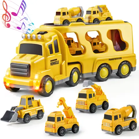 NETNEW 5-in-1 Container Truck Toy with 4 Mini Vehicles (Emergency Vehicles, Sports Cars, Off-Road Trucks, Race Cars), Realistic Details, Fun Gift for Birthdays