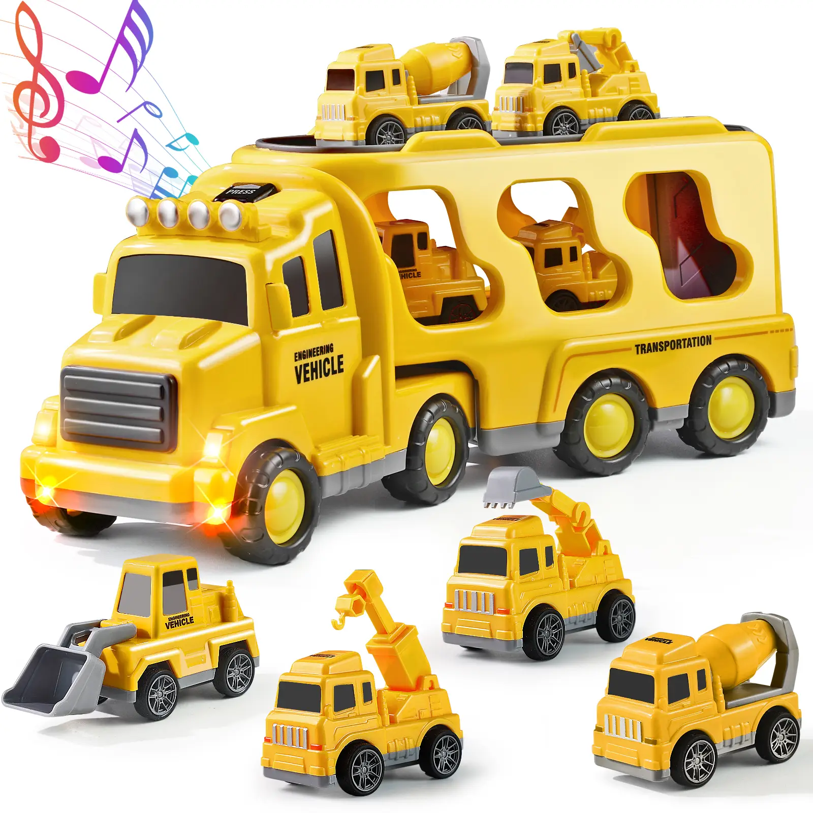 5-in-1 Container Truck Toy with Four Mini Cars – Realistic Details, High-Quality Design, Includes Emergency Vehicles, Sports Cars, Off-Road Trucks, an