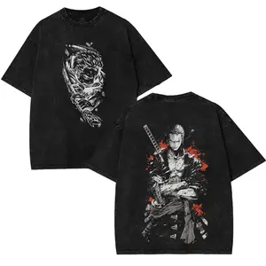 Roronoa Zoro Edition Graphic Tee, Vintage Acid Washed Heavyweight Cotton Oversized Shirt, Dark Anime Gothic Y2K Streetwear Hip Hop Casual Daily Pirate Fan Merch Short Sleeve Top For Unisex Men