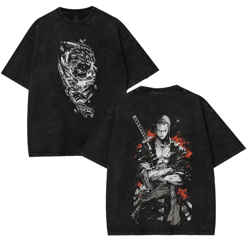 Roronoa Zoro Edition Graphic Tee, Vintage Acid Washed Heavyweight Cotton Oversized Shirt, Dark Anime Gothic Y2K Streetwear Hip Hop Casual Daily Pirate Fan Merch Short Sleeve Top For Unisex Men