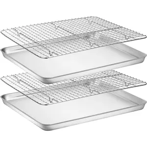 Baking Sheet with Rack Set [2 Pans + 2 Racks],  Stainless Steel Cookie Sheet Baking Pan Tray with Cooling Rack, Size 18 x 13 x 1 Inch, Non  & Heavy Duty & Easy Clean