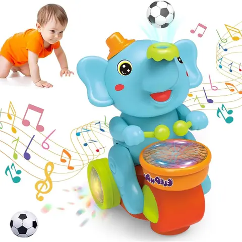 Electric Elephant Crawling Music Toy with Blowing Ball Function, Spinner Drumming Toy with Light fun Music Toy for babies Gifts for Kids 6-12 Month