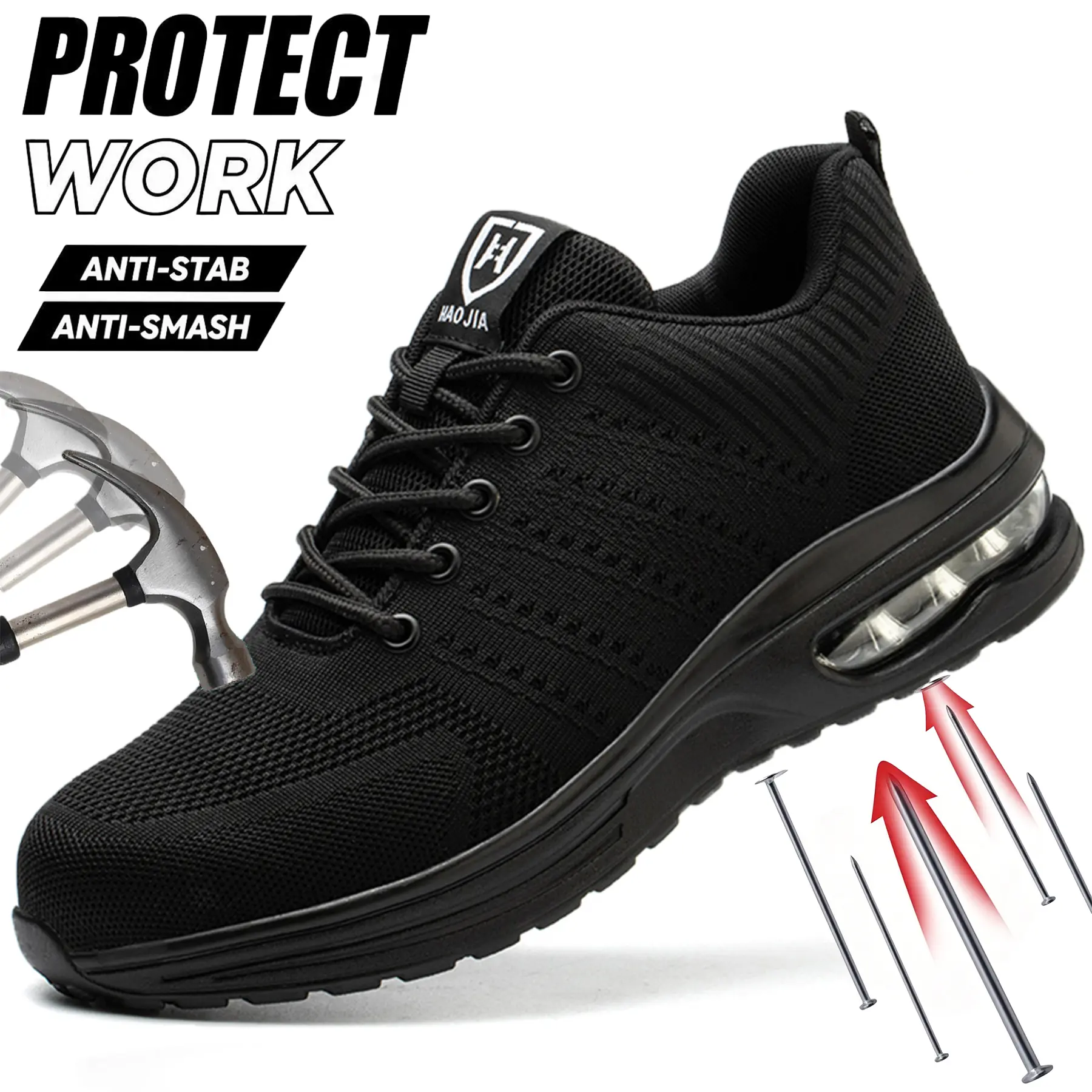 Work Safety Shoes For Men Breathable Work Sneakers Steel Toe Shoes Anti-puncture Safety Protective Shoes Slip-resistant shoes work hiking boots sneakers Men Indestructible Shoes Black Mesh