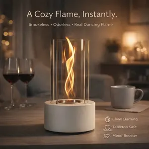 Portable Tabletop Ethanol Fire Pit, 3-Panel Glass Wind Guard, Smokeless & Odorless, Adjustable Flame, Modern Indoor & Outdoor Mini Fireplace