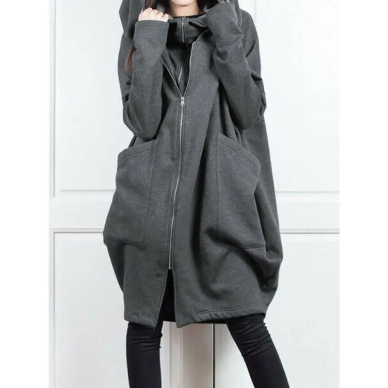 Hoodies for Women Casual Full Zip Up Hoodie Comfortable Womens Long Hoodies Fall Winter Sweatshirts with Pockets Collar Sleeve Tops Black Womenswear Coat Polyester Slit Solid Trench