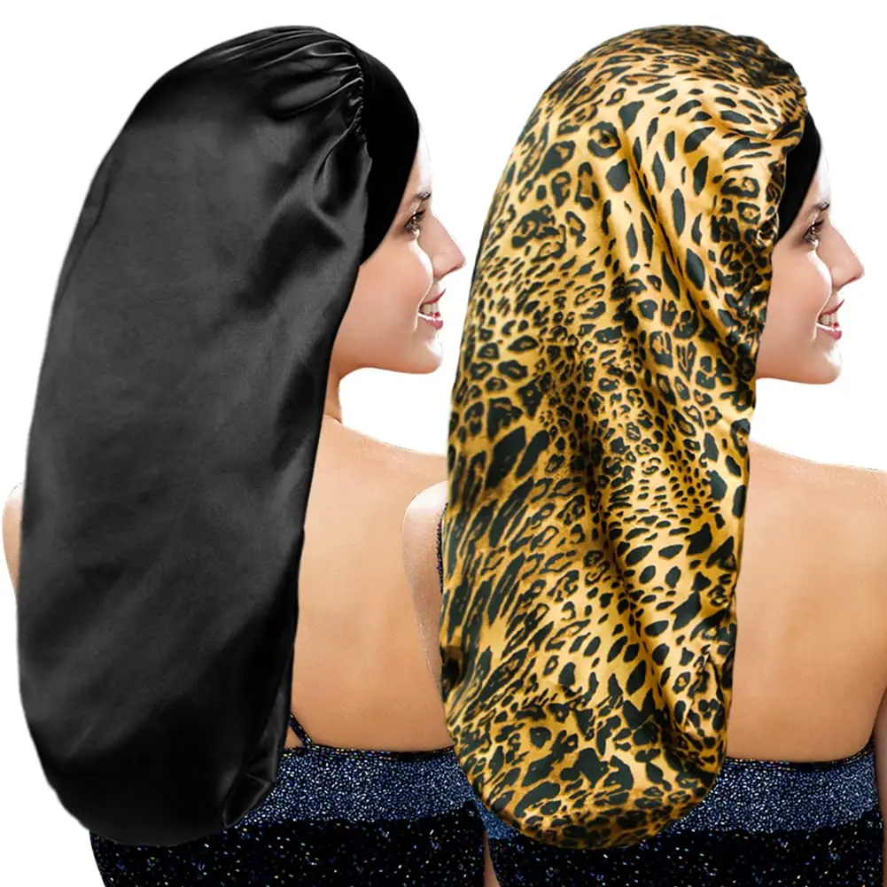 2 count Long Silky Satin Sleep Bonnet for Curly Hair, Long Dreadlocks and Braids Hair Bonnets for Hair Care
