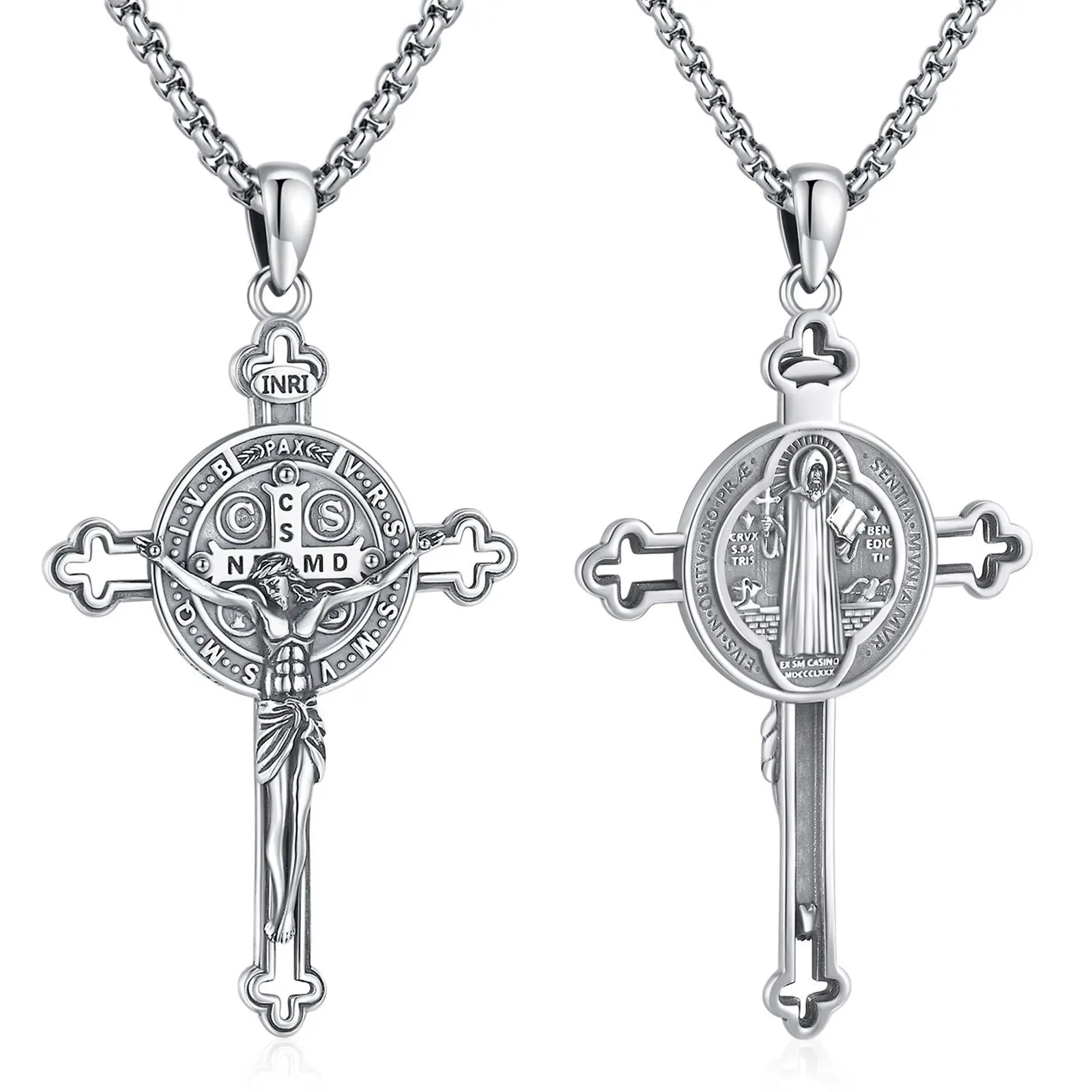 DRINSPER Saint Benedict Cross Necklace 925 Sterling Silver San Benito Pendant Necklace, Pardon Crucifix Necklace, Religious Jewelry for Men Women