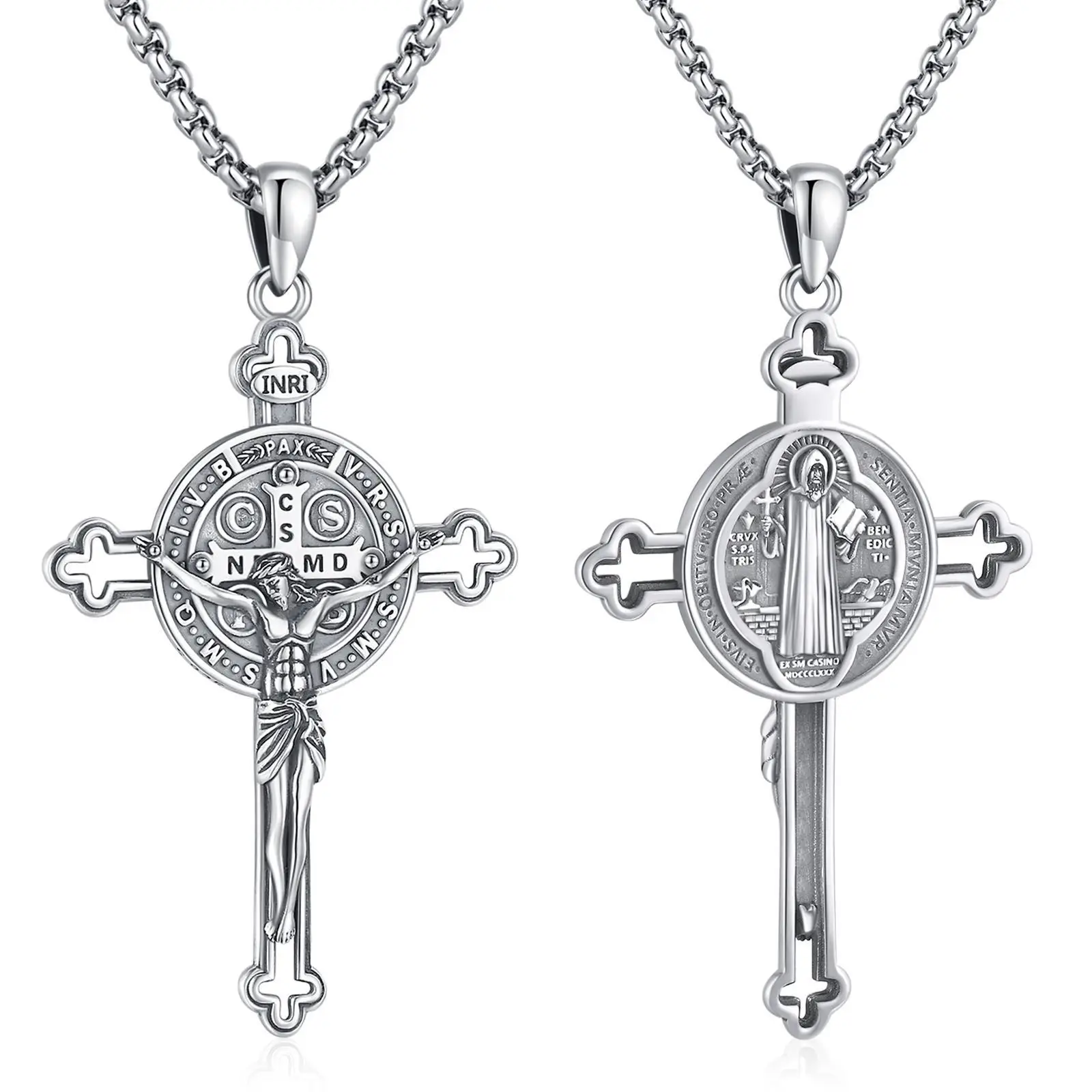 DRINSPER Saint Benedict Cross Necklace 925 Sterling Silver San Benito Pendant Necklace, Pardon Crucifix Necklace, Religious Jewelry for Men Women