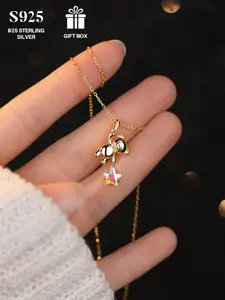 S925 Sterling Silver Cute Bear & Star Design Pendant Necklace, Artificial Zircon Decor Necklace for Women & Girls, Fashion Jewelry for Party, Daily Decor, Exquisite Jewelry for Birthday Gift