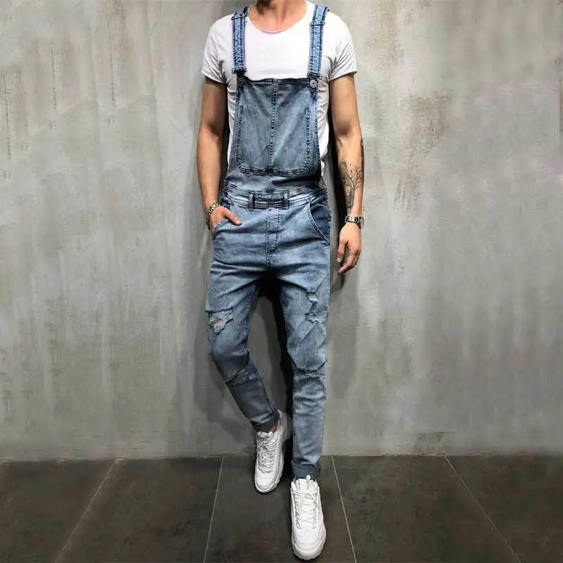 Men's Denim Bib Overalls in a Slim Fit Biker Style - Ripped Knee Distressed Hip Hop Jumpsuit Pants with Adjustable Straps, Menswear, Plain, Ripped Knee Jeans