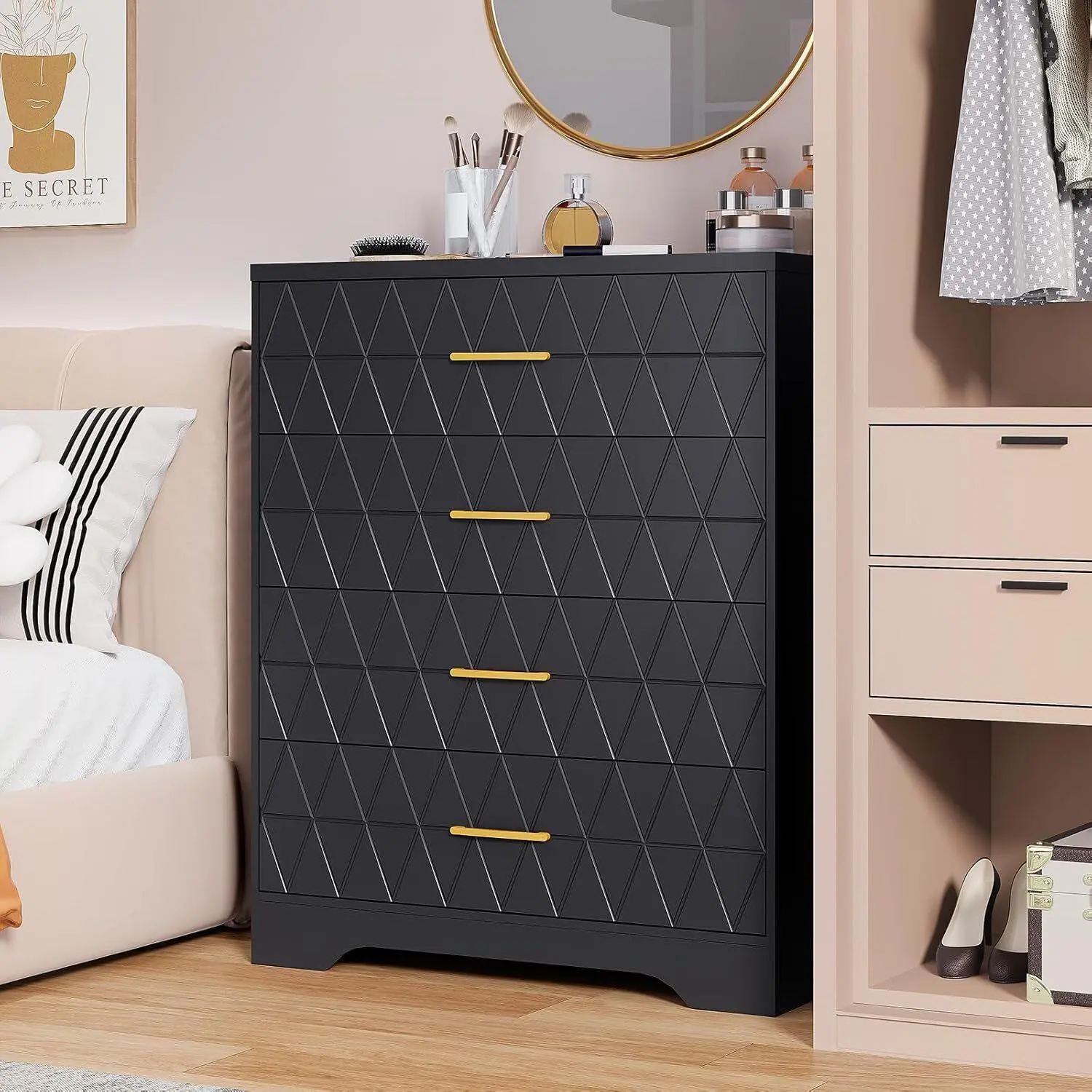 Gaomon 4-Drawer MDF Wood Dresser - Modern Tall Storage Cabinet with Gold Handles, Pre-Labeled Parts, Trendy Look, 4 Drawers for Bedroom, Closet, Four Drawers
