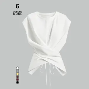 TFNOSlZE Women’s Casual Knit Short-Sleeve T-Shirt — stylish and distinctive design featuring an asymmetrical crisscross back with tie waist; comfortable, simple, breathable summer women’s wear; minimalist style