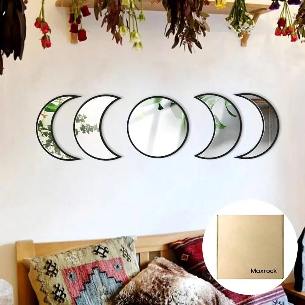 Phase Mirror Set, 5 Piece Scandinavian Natural Decor Wall Decorative Acrylic Mirror Bohemian Moon Mirror For Living Room Bedroom, Home , Not Real Mirror Black