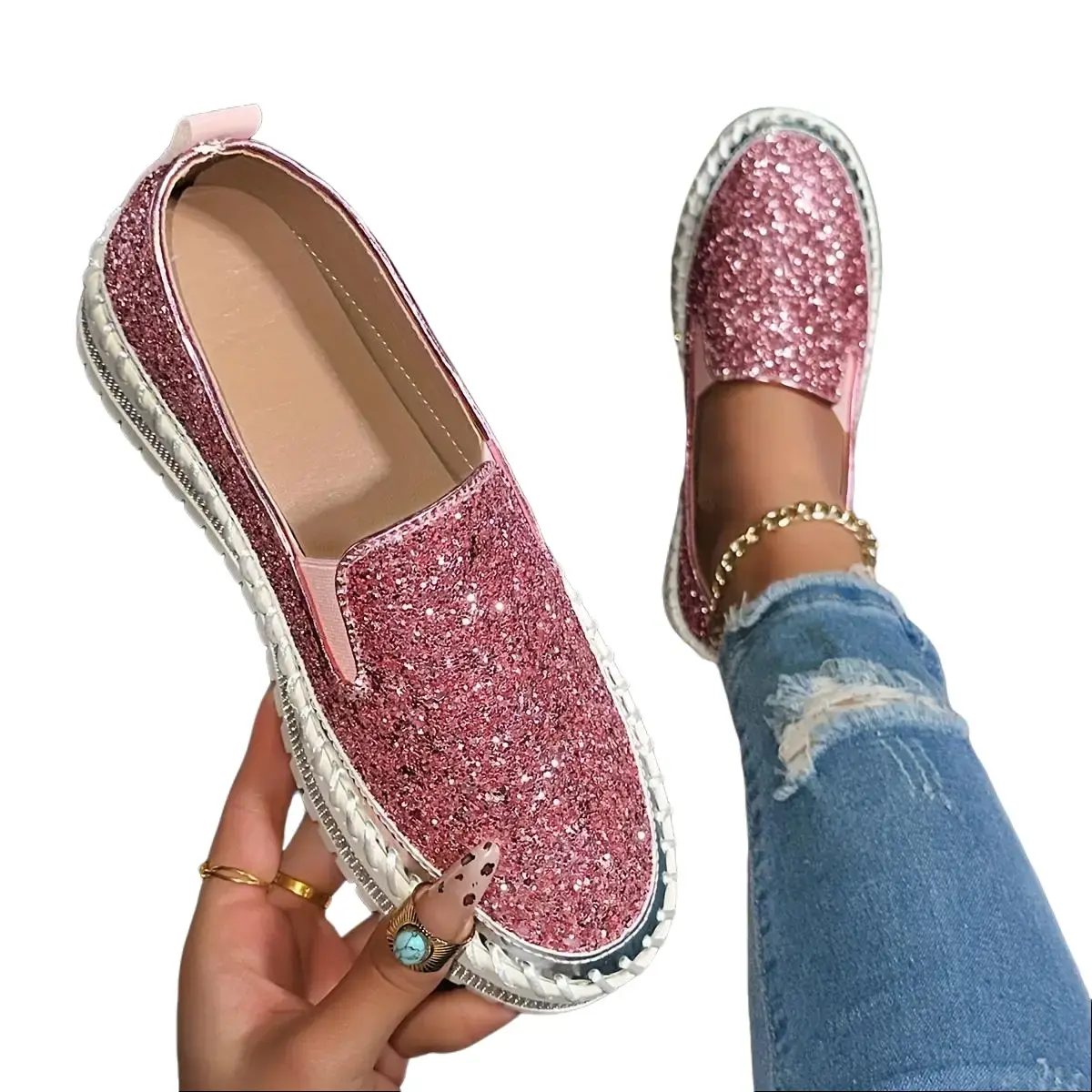 Women's Glitter Rhinestone Loafer Slip-On Platform Walking Shoes - Thick-Sole, Flexible, Comfortable Casual Outdoor Footwear