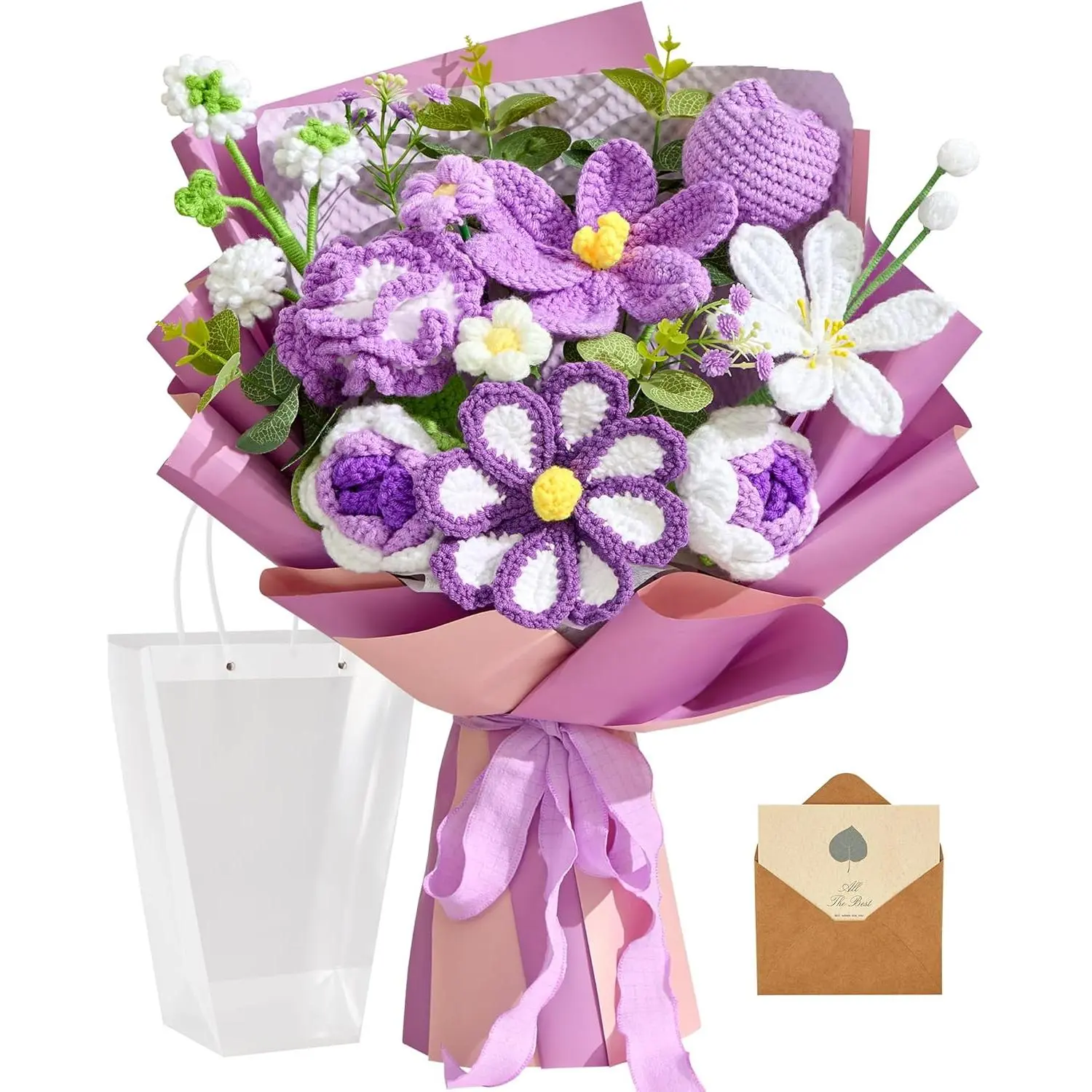 Alecono Large Cotton Yarn Handcrafted Art Decor Ornaments, Lightweight Knitted Artificial Flower Bouquet with Tulips, Gift for Women (Valentine's Day, Mother's Day) (Purple), Table, Boxes