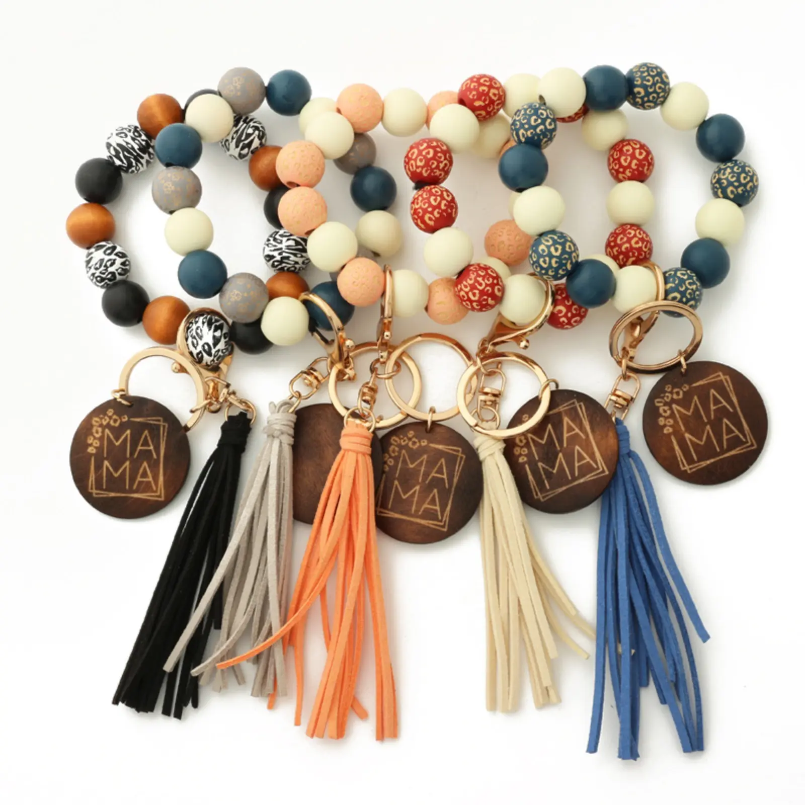 Wooden Bead Keychain Wristlet Strap with Mama Print, Tassel Charm, and Blank Monogram Disc - Cute Unisex Arm Candy Accessories, Cute Keychain, Tassel Strap, Stylish Keychain Wristlet Strap