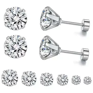 Minimalist Stainless Steel Zircon Earrings - 1-Pair Multi-Size 4-Claw Secure Micro-Setting Earring Stack for Daily Wear