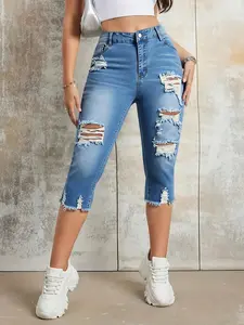 Women's Ripped Seven-Quarter Jeans Pants, Unique V-Neck Frayed Cut, Trendy Streetwear Style, Fashionable Denim Jeans for Casual Wear