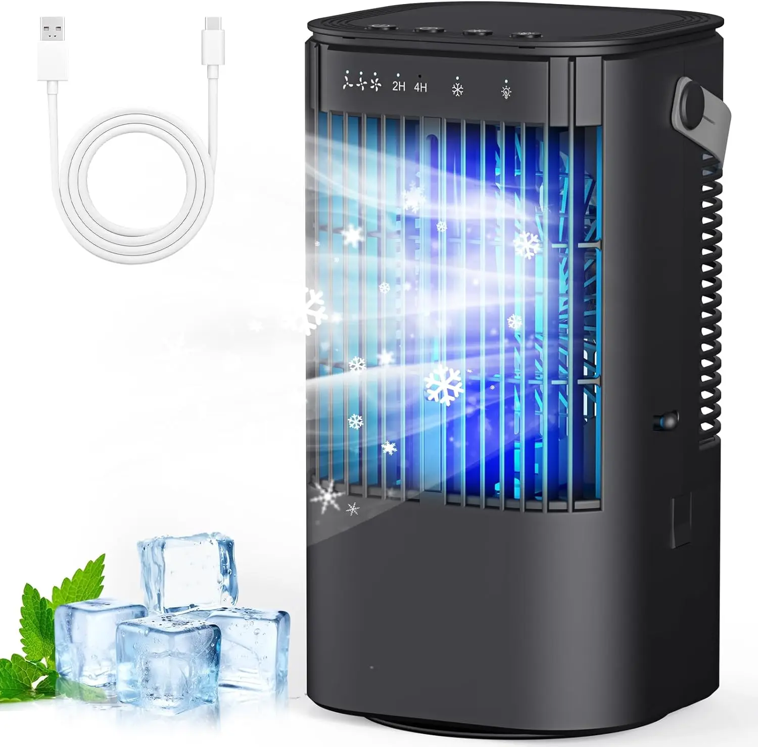 Portable air conditioners, 4-in-1 Mini air conditioner Fan, Small air conditioner with 1000ml water tank, 3 Speeds, Adjustable wind direction, 7 Color Lights, Suitable for Offices, Bedrooms
