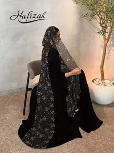 Hafizah Women's Loose Fit Cardigan Dress Two-Piece Set, Polka Dot Floral Headscarf, Fashion Plus Size Outerwear, Abaya Hijab Set