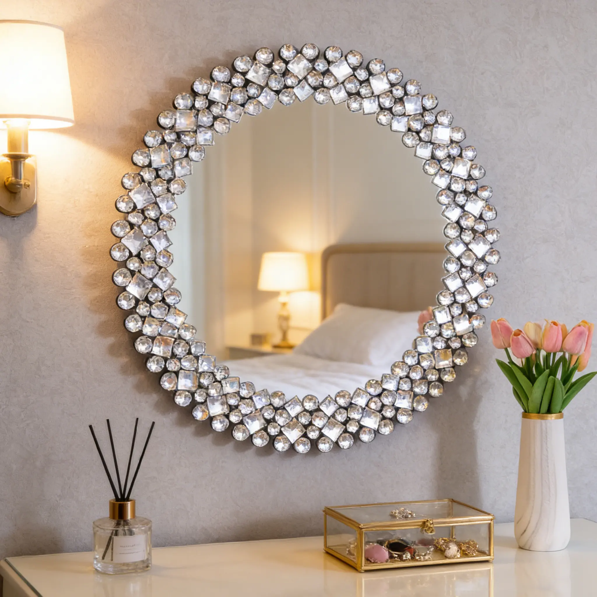 SHYFOY 34" Large Round Wall Mirror with Luxury Jeweled Circle Accent, Crystal Glass Frame, Drop-Tested Durability, Interior Decorating Piece for Living Room,Dining Room, Multi-Size Home Decor Items for Glam Enhancement
