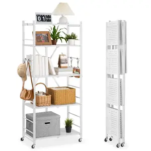 VEVOR 5 - Tier Foldable Storage Shelf, 32Wx 14Dx 72H Inch Folding Metal Rack Shelving Unit, No Assembly Organizer Shelf with 5 Wheels 4 Hooks for Pantry, Kitchen, Garage, Basement, GreyVEVOR Super Brand Day