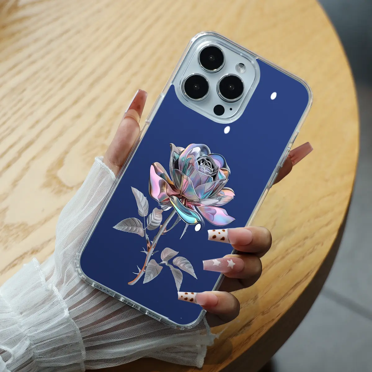 Iridescent Chrome Rose Celestial Dark Blue Vibe iPhone 17/16/15/14/13/12/iPhon X/17PROMAX/Samsung(S22/S23/S24/S25) Transparent Magnetic Phone Case Durable Anti-Fingerprint Non-Yellowing Crystal Clear Shockproof ROOCX2017001