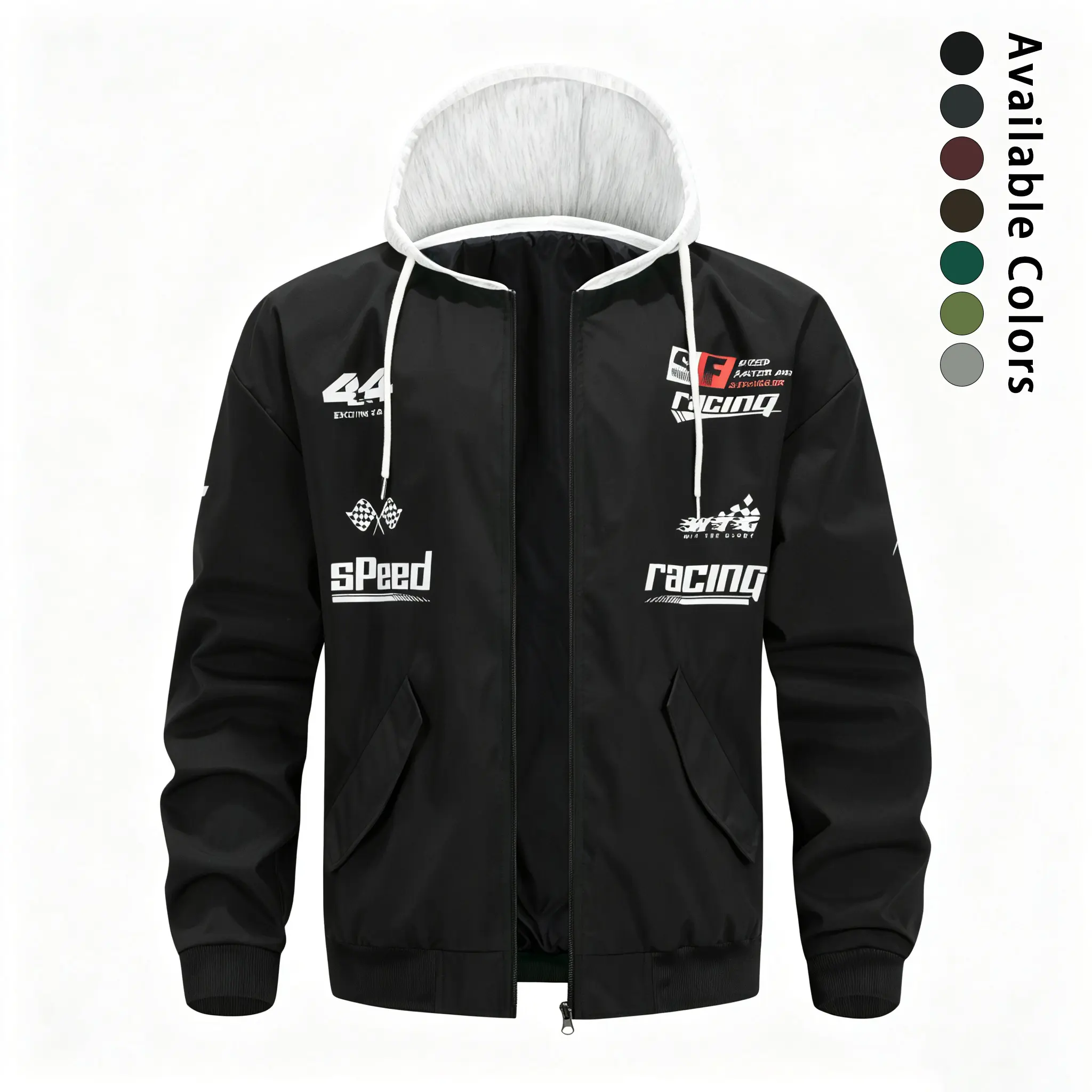 Men’s racing print bomber jacket with detachable hood, full zip closure, ribbed cuffs, lightweight polyester fabric, street sport motorcycle outerwear