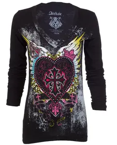 ARCHAIC Women's Darling V-Neck T-Shirt with Front & Back Graphics, Short Sleeve 100% Cotton Casual Pullover