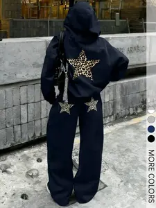 Women's Leopard Print Hoodie and Pants Set, Y2K Street Style Two-Piece, Loose Fit Casual Sportswear, Fall Winter Fashion, Tracksuit Outfit