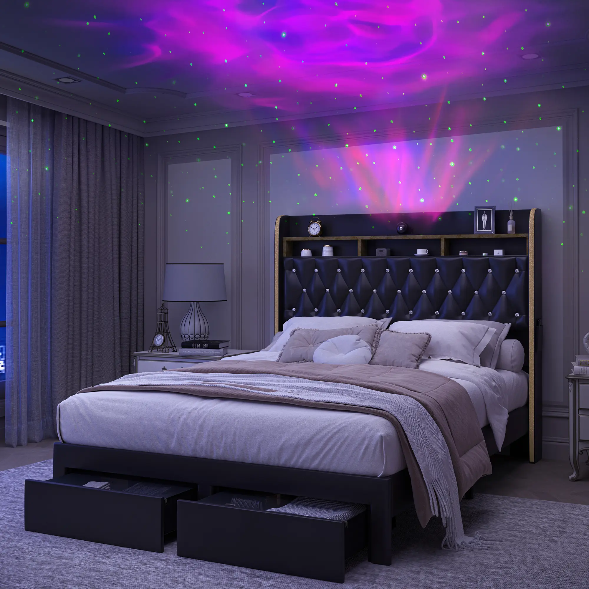 Full LED Galaxy Bed Frame Set with Optional Mattress, 4 Storage Drawers, 2-Tier Headboard, Charging Station, Speaker & Star Projector (Available in Twin, Full, Queen & King Sizes | Upholstered PU Leather & Velvet | Noise-Free Design) tiktoksh