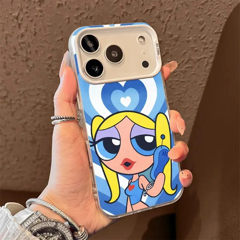 Y2K Bubbles P0w3rpuff Girls Phone Case,Glitter Shimmer martphone Cover,Blue Heart Aesthetic for iPhone11 12 13 14 15 16 17,PC Camera Frame, Soft TPU Protective Cover with PET Film Protective Cover,Shiny Metallic Silver Holographic Case