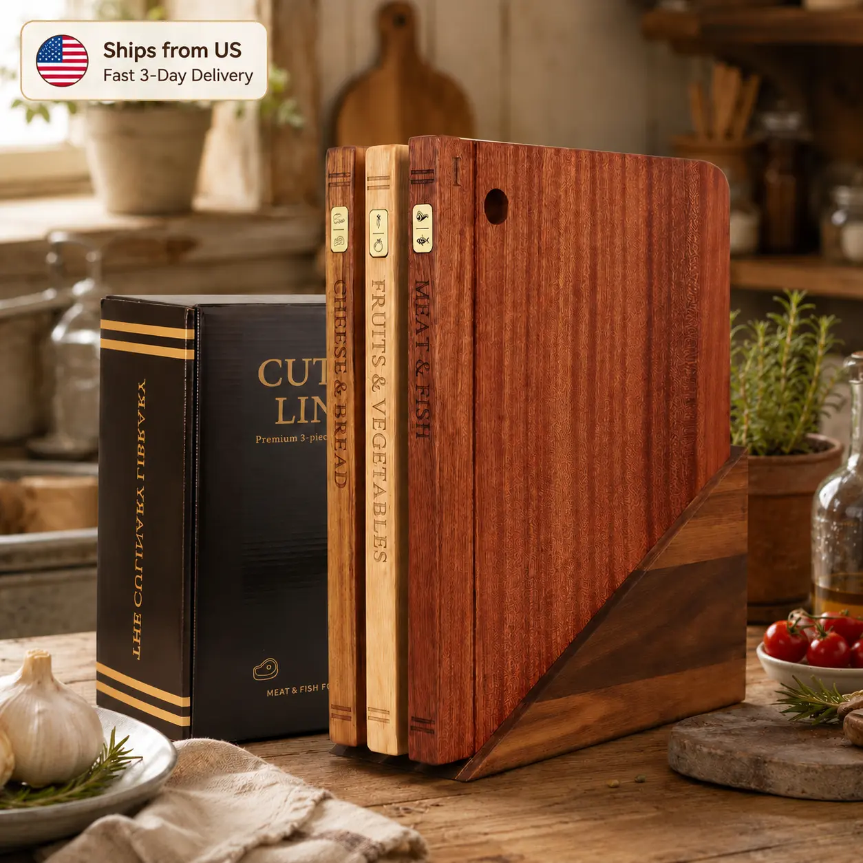 CRILEAL 3-Piece Premium Handcrafted Acacia Wood Cutting Board Set - Durable, Stylish Rectangle Book-Style, Space-Saver Vertical Storage, Dishwasher-Safe Kitchen Supply, Luxury Housewarming Gift