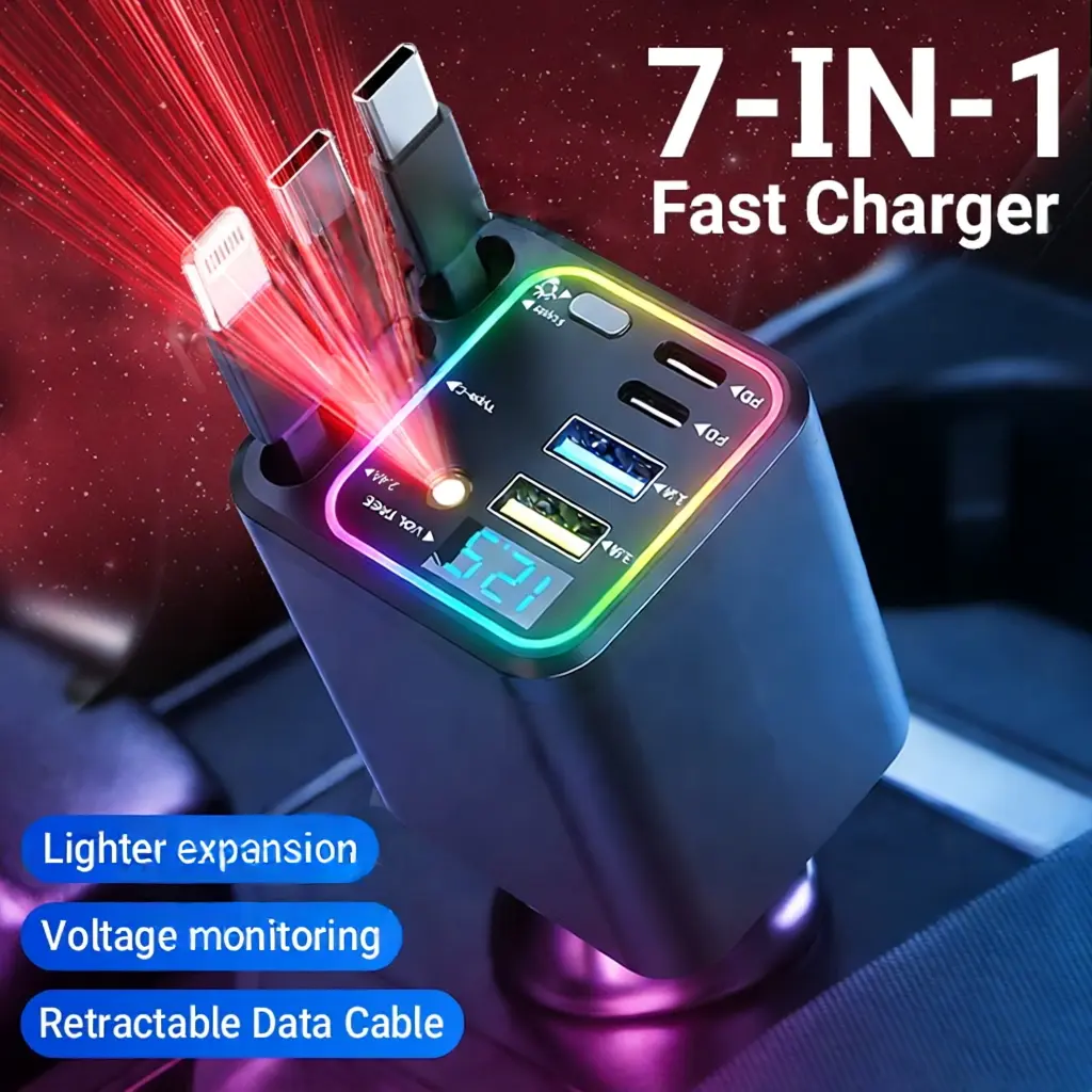7-in-1 Retractable Car Charger: 120W Max Fast Charging Station with 3 Cables,Star Projector | LED Voltage Display &  | Premium Car Accessories for iPhone & Android | Essential Road Trip Gadget & Organizer,Gifts for Fathers Day for Men Dad Husband