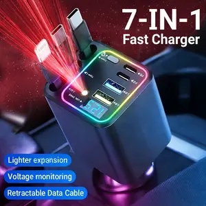 [Father’s Day Gift] 7-in-1 Retractable Car Charger: 120W Max Fast Charging Station with 3 Cables, 4 Ports & 180° Swivel | LED Voltage Display &  | Premium Car Accessories for iPhone & Android | Essential Road Trip Gadget & Organizer