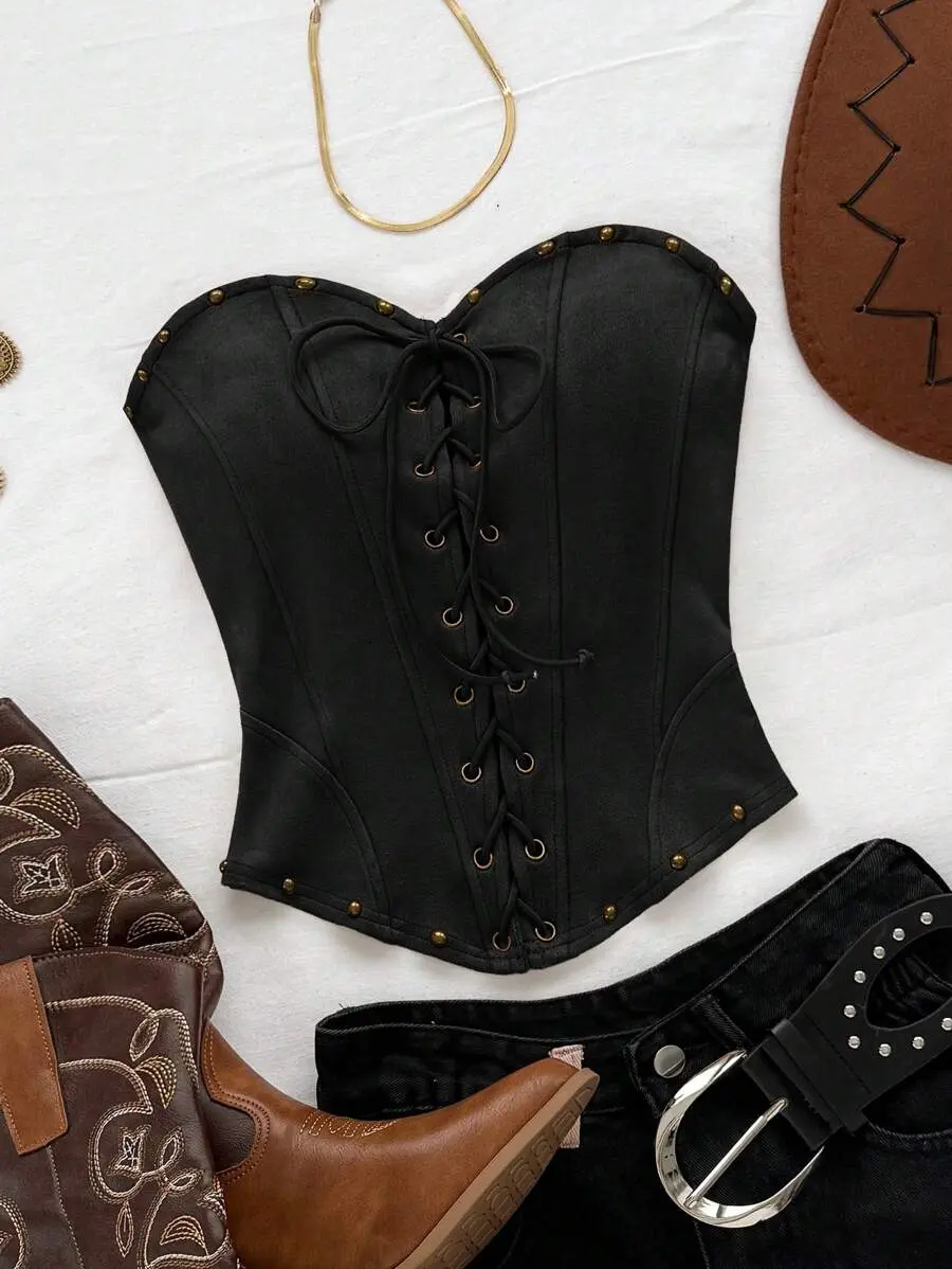TNK x [US] Soleia Black Suede Rivet Lace Up Corset Top,Summer Western Club Night Halter Strap Deconstruction Crop Top,No Chest Padding