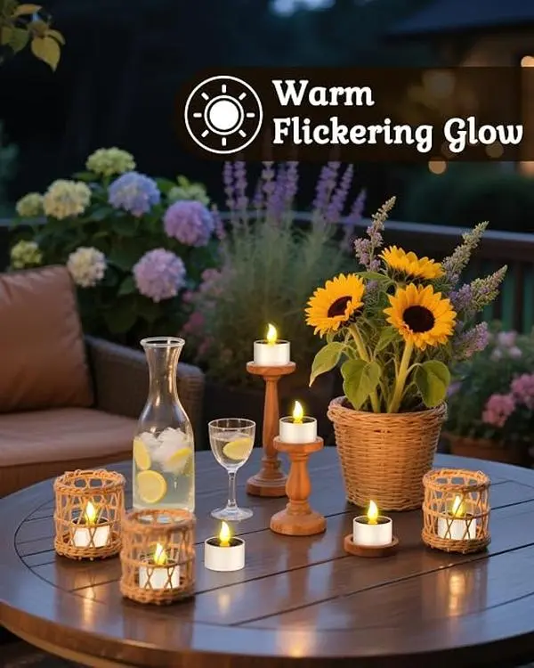 6pcs Solar Power Tea Lights Outdoor Candle Flameless Flicker IP65 Waterproof Rechargeable LED Candles with Dusk to Dawn Sensor for Lantern Garden Camping Party Home Decorations, 2.3" x 2"