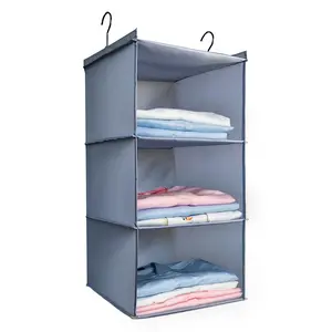 Hanging Closet Organizer and Storage 3-Shelf, Easy Mount Foldable Hanging Closet Wardrobe Storage Shelves, Clothes Handbag Shoes Accessories Storage, Washable Oxford Cloth Fabric,