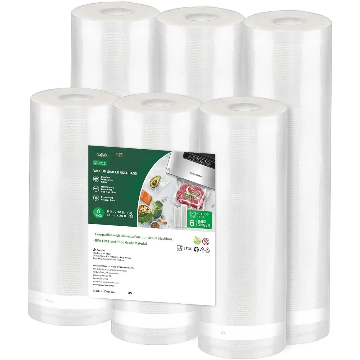 Vacuum Sealer Rolls Bags, 6 Pack 3 Rolls 11" x 20' + 3 Rolls 8" x 20' Commercial Grade BPA Free Bag Rolls, Durable Customized Size Food Vac Bags for Storage and Sous Vide Cooking VB3211
