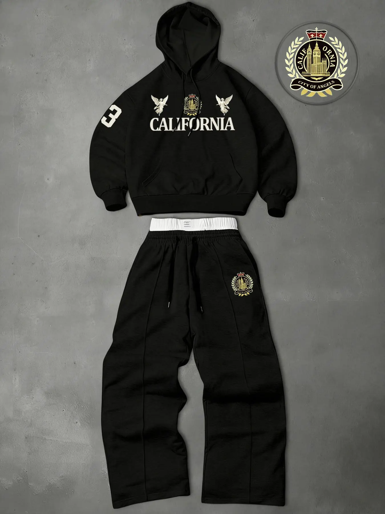 Men's Two-Piece Athletic Set: Casual Sweatsuits Set Includes a hooded sweatshirt and drawstring trousers, featuring angel and numerical print motifs—perfect for autumn and winter wear.