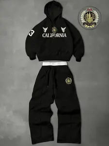 Men's Two-Piece Athletic Set: Includes a hooded sweatshirt and drawstring trousers, featuring angel and numerical print motifs—perfect for autumn and winter wear.
