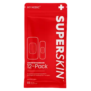 MY MEDIC SuperSkin® 12-Pack Assorted Bandages - 5X Stronger Adhesive, Sterile, Latex-Free, Aloe Pad for Fast Healing, 4-Way Stretch Technology - Treat