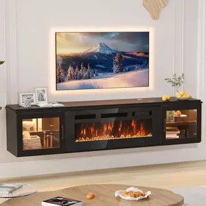 【2 Packages Shipping】70" Floating TV Stand with 36" Electric Fireplace, High Gloss Finish Wall Mounted Fireplace Entertainment Center with Storage for TVs Up to 80", Black TV Stand and Black Fireplace ,WiFi APP Smart Control