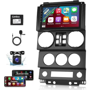 for Jeep Wrangler (4 Doors) 2007 2008 2009 2010 with Wireless  Carplay and Android Auto, 4+64G 9 Inch Touchscreen Android Car Radio, DSP/GPS/WiFi + AHD Backup Camera and Mic