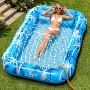 Inflatable Tanning Pool Lounger Float with Sprinkler X-Large 6 in 1 Auto Spray Cooling Sunbathing Floatie Raft Blow Up Pool Tanning Bed for Adults Kids Gifts